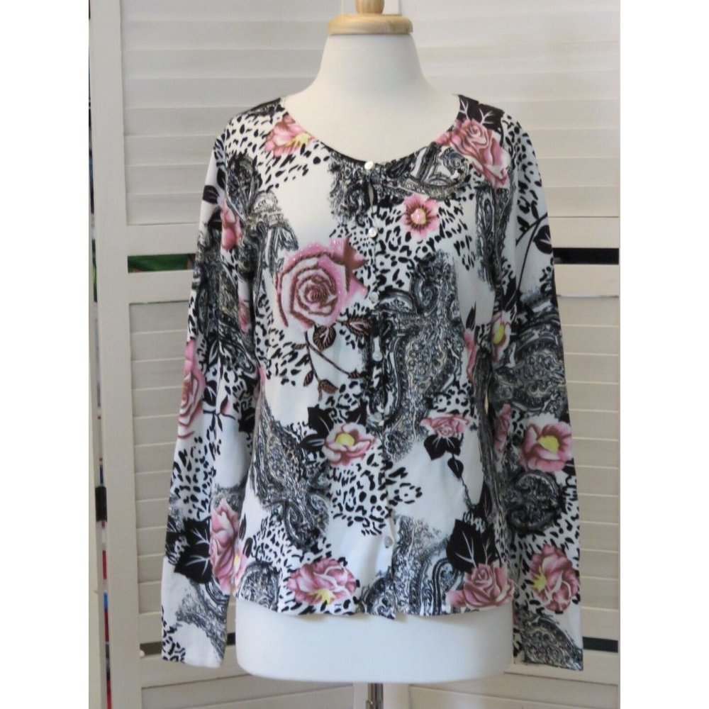 Venue Cardigan Sweater Size Medium Black White Paisley Print Pink Roses Beaded